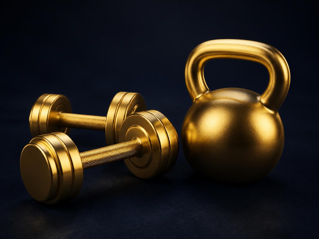 Złote hantle i kettlebell na granatowym tle
